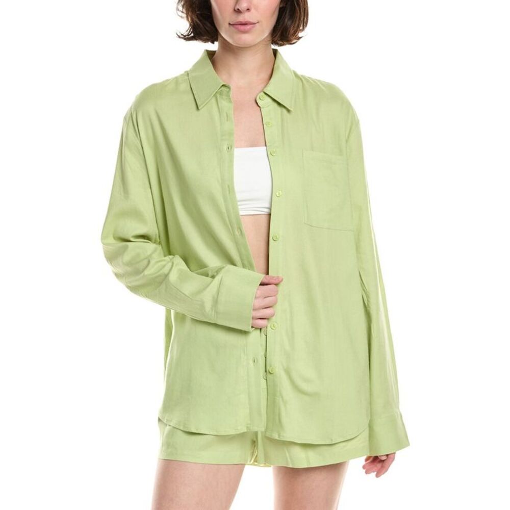 Riot Womens  Arden Linen-Blend Button Down Top, Green